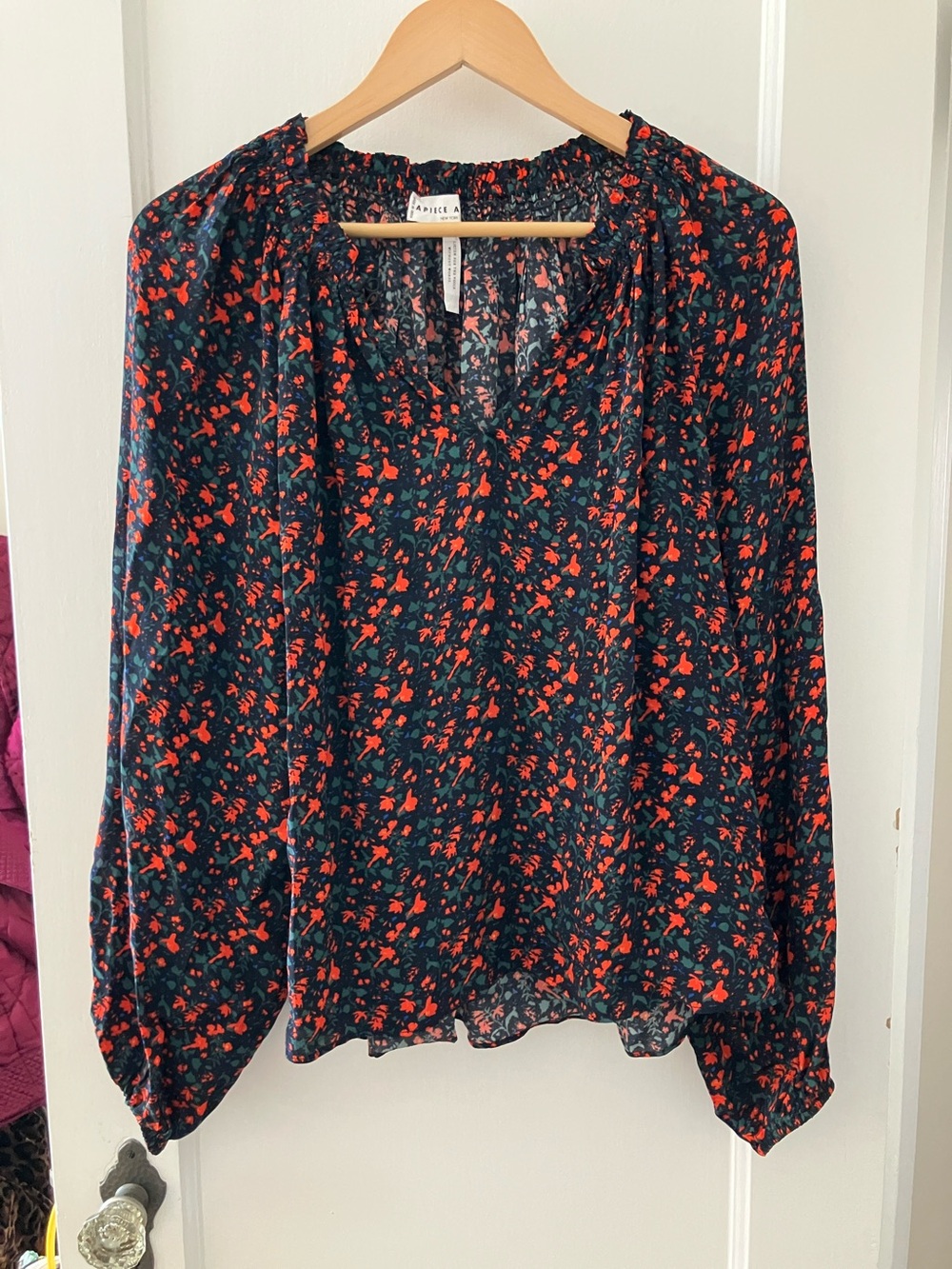 Apiece Apart Navy Blouse with Red Floral Print